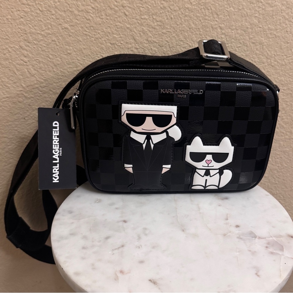 NWT Women KARL LAGERFELD  Maybelle logo black print Crossbody Bag cat double zip
